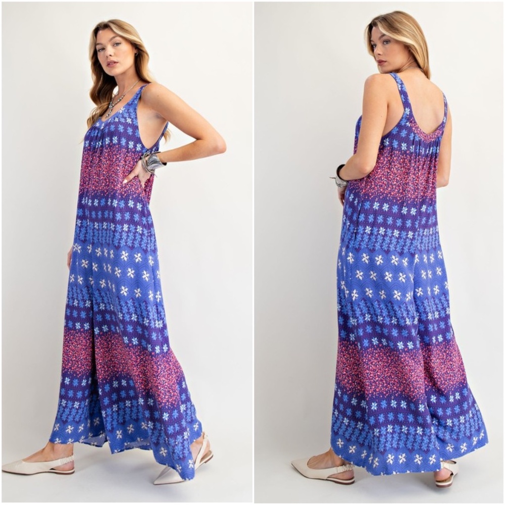 EUC easel Large Blue and Pink Patterned Sleeveless Jumpsuit - Picture 3 of 8